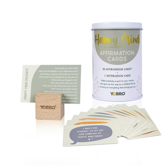 Happy Mind Affirmation Cards for Women, Inspirational Gifts, 40 Daily Positive Mindful Quotes, Wooden Display Stand and Storage Tin Box, Motivational Desk Decor Accessories