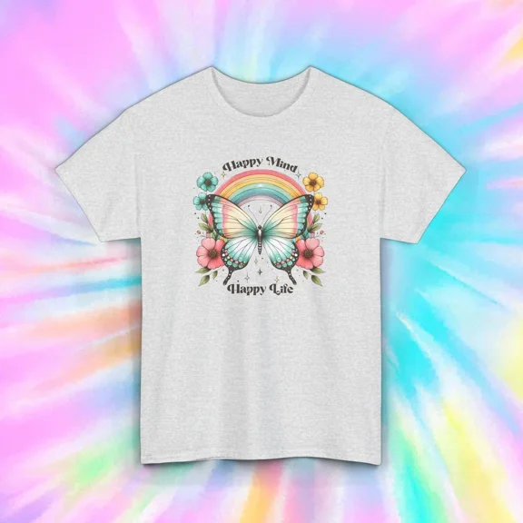 Happy Mind Happy Life Butterfly Rainbow Inspirational Quote T-Shirt