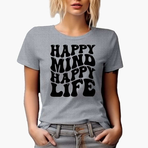 Happy Mind Happy Life, Mental Health Themed, Groovy Retro Wavy Text Merch Gift, Heather Grey T-Shirt, Large
