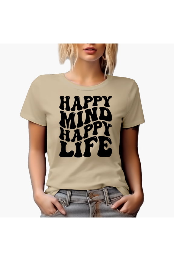 Happy Mind Happy Life, Mental Health Themed, Groovy Retro Wavy Text Merch Gift, Tan T-Shirt, Small