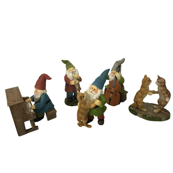Happy Miniature Gnomes and Cats Dancing Celebration! - 6-Piece Musical Garden Gnome Set for the Miniature Fairy Garden by GlitZGlam