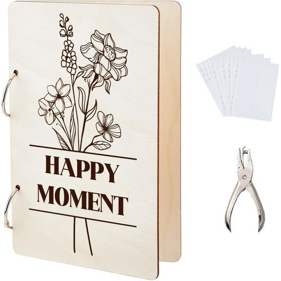 Happy Moment Greeting Card Organizer Planning Book Binder Card Keeper Line Flowers Memory Album for Loved One Card Holder Wooden Loose Leaf Photo 2-Rings Cover with Punch and 20 Card Pockets