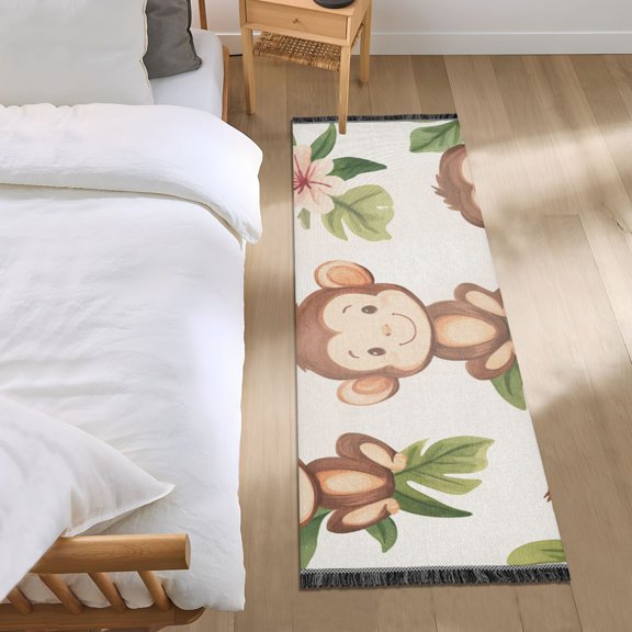 Happy Monkeys Flowers Leaves Bedside Runner Rug 2'x 6' Non Slip Carpet Floor Mat Area Rug