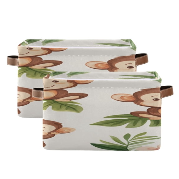 Happy Monkeys Flowers Leaves Square Storage Bins with Handles Collapsible Containing Box 2 Packs
