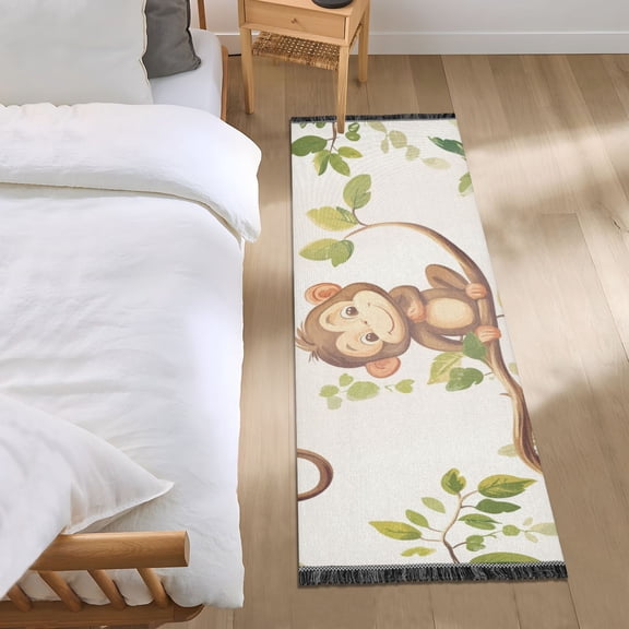 Happy Monkeys Sitting on Branches Leaves Bedside Runner Rug 2'x 6' Non Slip Carpet Floor Mat Area Rug