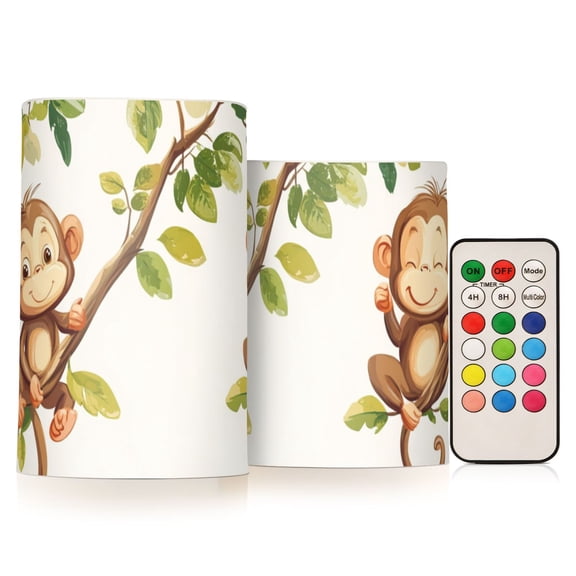 Happy Monkeys Sitting on Branches Leaves Flickering Flameless Candles LED Tealight Battery Operated with Remote Set of 2 Holiday Decor Ornaments