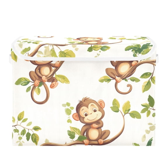 Happy Monkeys Sitting on Branches Leaves Foldable Storage Bin with Lid and Handle Collapsible Storage Box 16.5 x 12.6 x 11.8 inches
