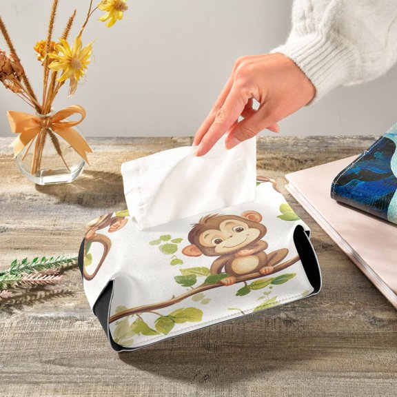 Happy Monkeys Sitting on Branches Leaves Leather Tissue Box Cover Rectangle Tissue Holder Foldable