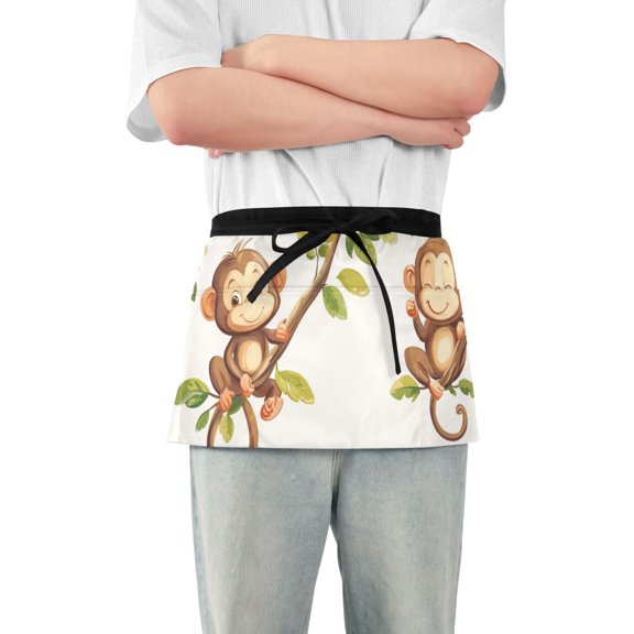 Happy Monkeys Sitting on Branches Leaves Short Server Apron with 3 Pockets for Unisex Chef Gardening