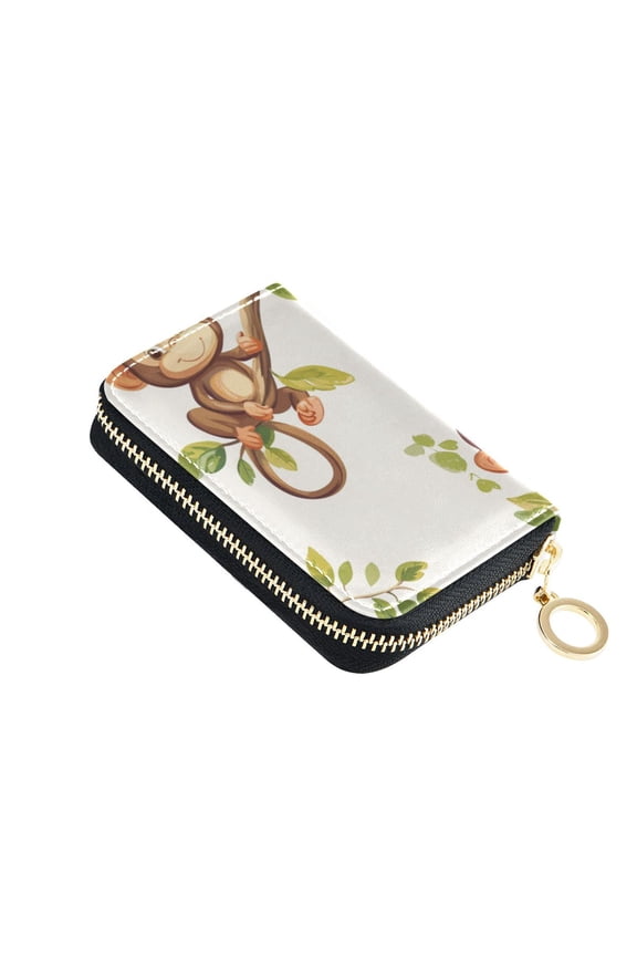 Happy Monkeys Sitting on Branches Leaves Women's Credit Card Holder PU Leather Zipper Wallet RFID Blocking