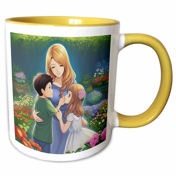 3drose, Happy Mother Hugs Her Son and Daughter on a Sunny Day in the Garden, 11oz Two-tone Yellow Mug