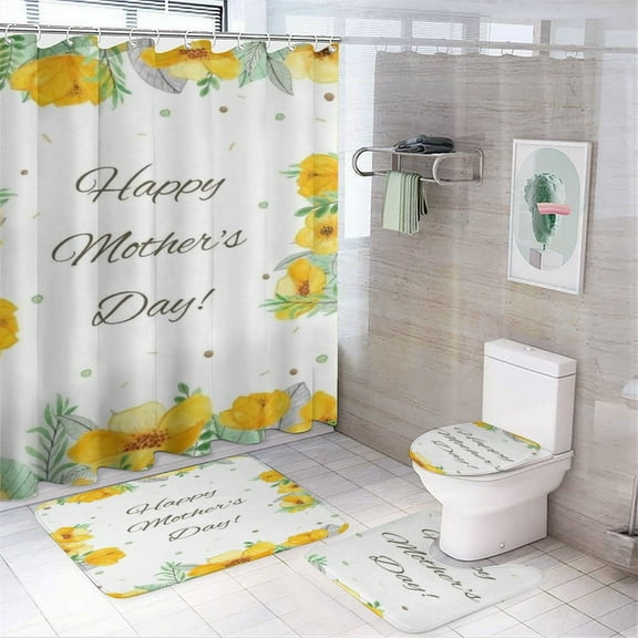 Happy Mother's Day 4 Pcs Shower Curtain Set with Rug Bathroom Sets with Waterproof Fabric And Non-Slip Rugs Toilet Lid Cover Bath Mat Decor with Hooks