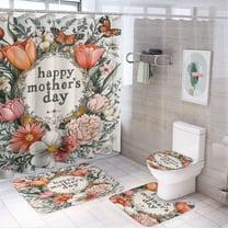 Happy Mother's Day 4 Pcs Shower Curtain Set with Rug Bathroom Sets with Waterproof Fabric And Non-Slip Rugs Toilet Lid Cover Bath Mat Decor with Hooks