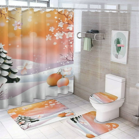 Happy Mother's Day 4 Pcs Shower Curtain Set with Rug Bathroom Sets with Waterproof Fabric And Non-Slip Rugs Toilet Lid Cover Bath Mat Decor with Hooks