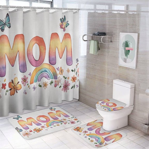 Happy Mother's Day 4PCS Shower Curtain Sets with Rugs with Non-Slip Bath Mat Toilet Rug,72" X 72"