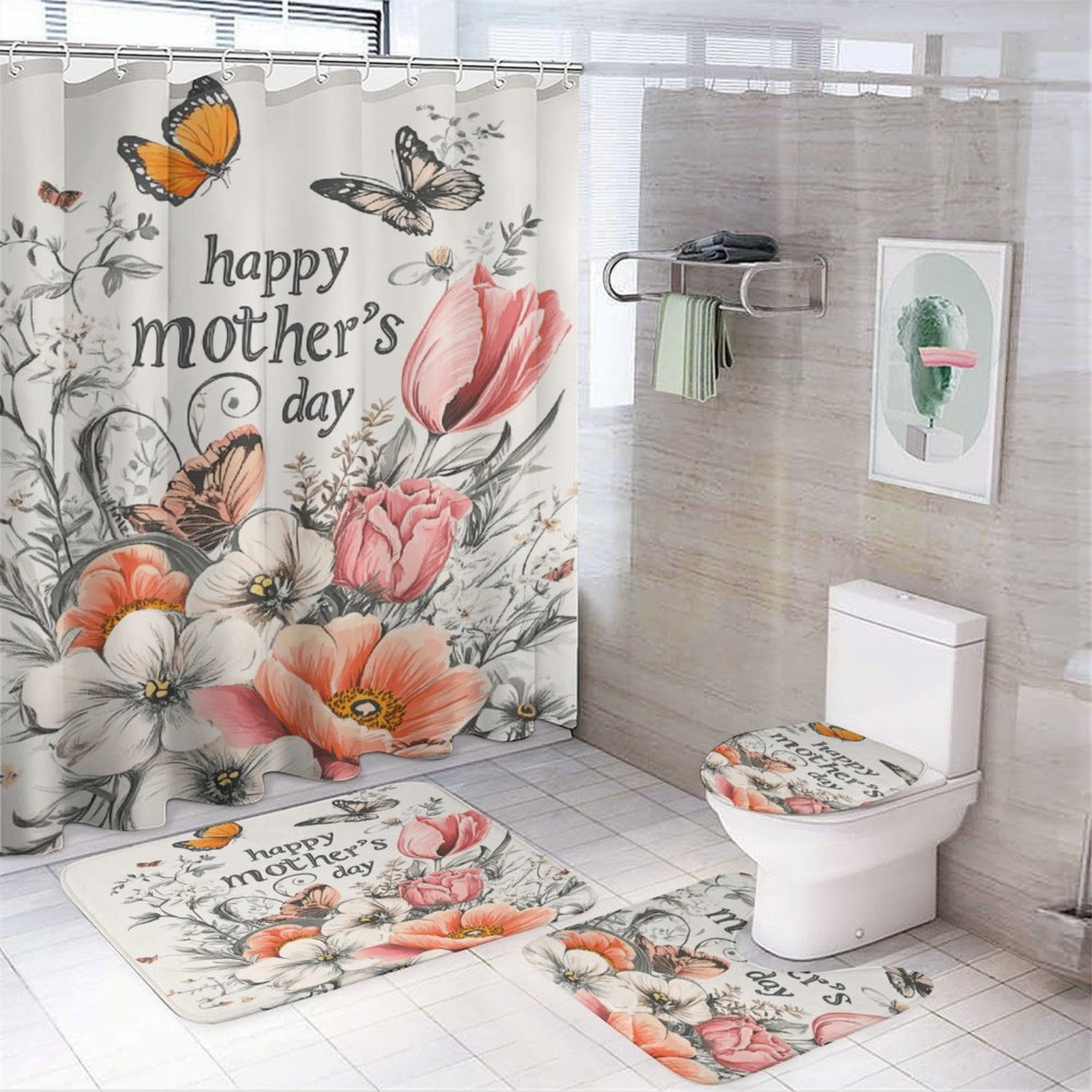 Happy Mother's Day 4Pcs Shower Curtain Set Shower Curtain Set with Carpet Bath Mat
