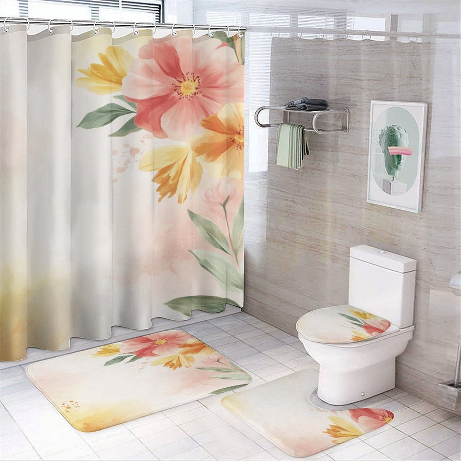 Happy Mother's Day 4Pcs Shower Curtain Set Shower Curtain Set with Carpet Bath Mat