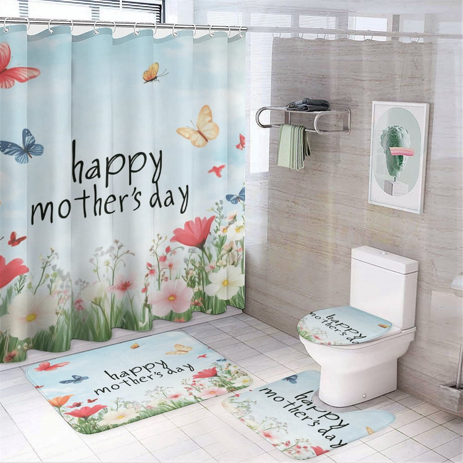 Happy Mother's Day 4Pcs Shower Curtain Set Shower Curtain Set with Carpet Bath Mat