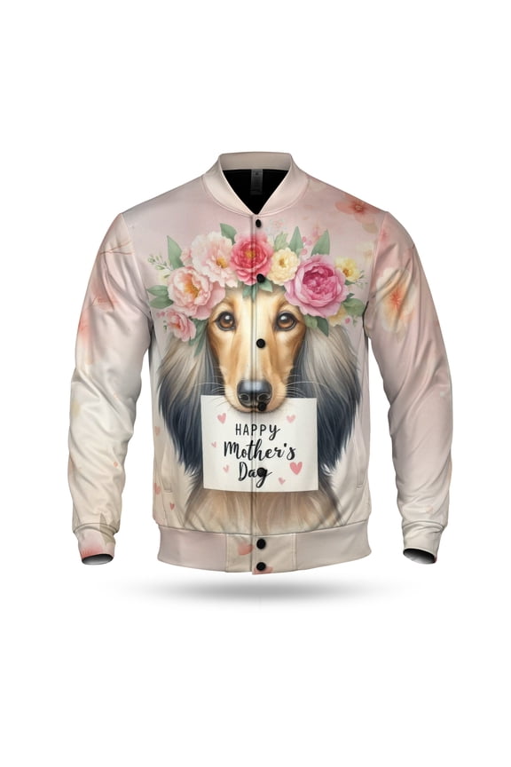 Happy Mother's Day Afghan Hound with Flower Crown All Over Print 3D Baseball Jacket Dog Lover Bomber Jacket Softball - 13004
