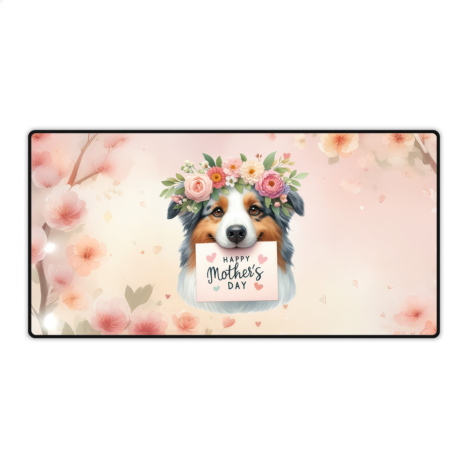 Happy Mother's Day Australian Shepherd with Flower Crown and Greeting Card Desk Mat Full Keyboard Mouse Pad Aussie Dog Lover Gifts Large Mousepad - 13004