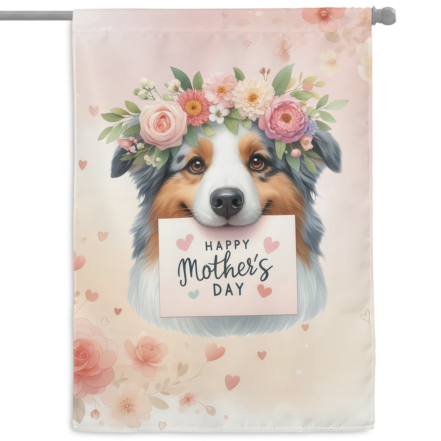 Happy Mother's Day Australian Shepherd with Flower Crown and Greeting Card House Flag 28x40in Double Sided Aussie Dog Lover Gifts Outdoor Decor - 13004