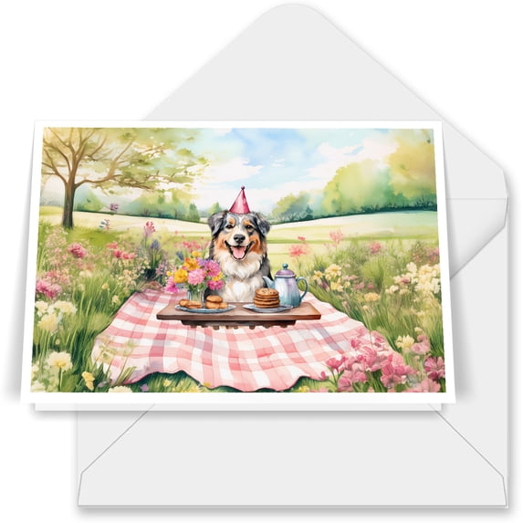 Happy Mother's Day Australian Shepherd with Sweets and Flowers at a Picnic 7x5in Folded Greeting Card Aussie Dog Lover Gifts Single Note Card with Envelope - 13005