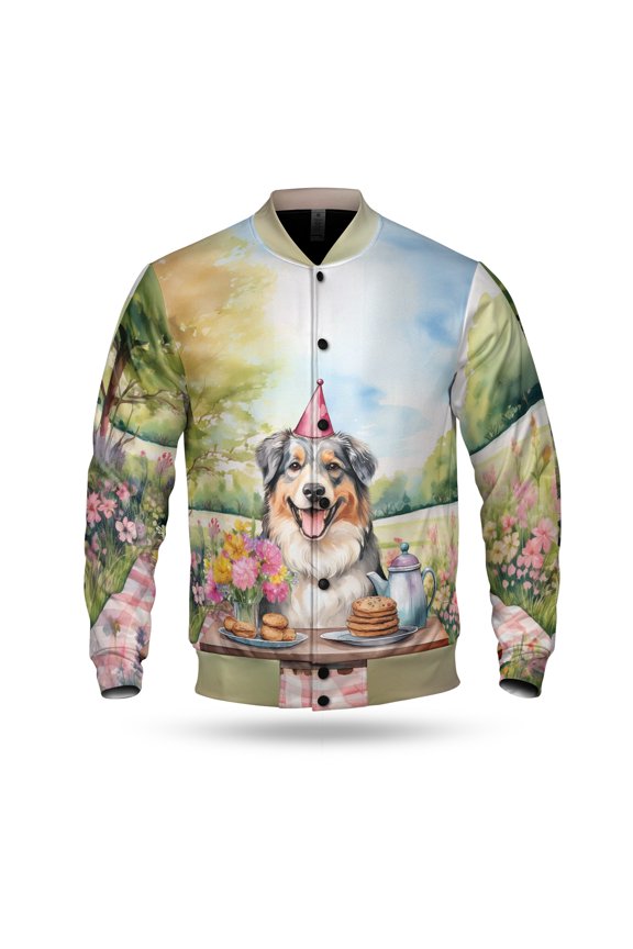 Happy Mother's Day Australian Shepherd with Sweets and Flowers at a Picnic All Over Print 3D Baseball Jacket Aussie Dog Lover Gifts Bomber Jacket Softball - 13005
