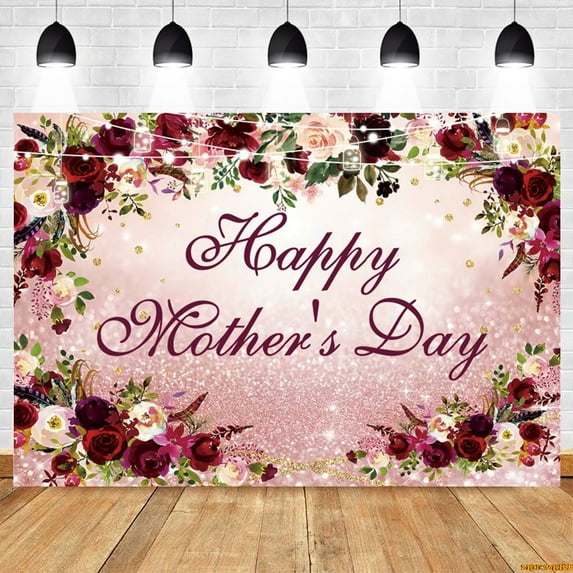 Happy Mother's Day Backdrop Floral Gold Flower Love Heart Mothers Day Birthday Photography Background for Wom Photo Studio