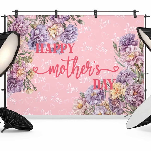 Happy Mother's Day Backdrop for Photoshoot,Photography Photo Studio Background Wall Backdrop,Pink Love Heart Purple Spring Floral Back Drop Banner Panel for Portraits Wedding Live Streaming 7x5Ft