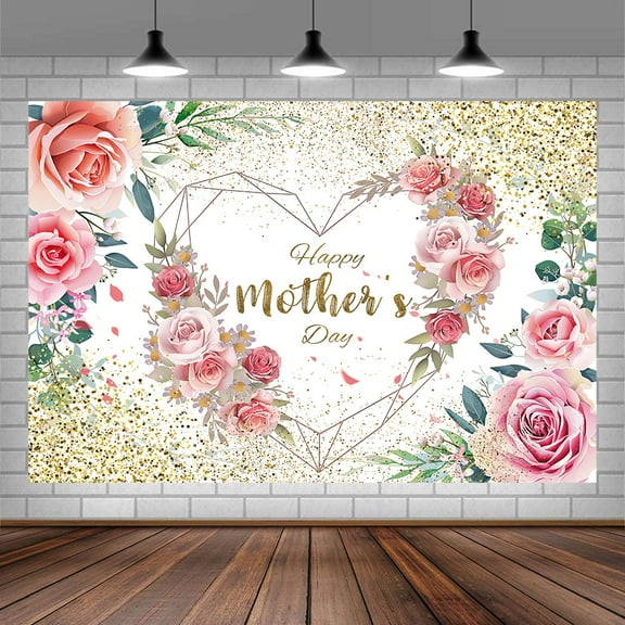 Happy Mother's Day Backdrop,Pink Flower Backdrop Background,Floral Golden Mother's Day Photo Backdrop 7X5FT