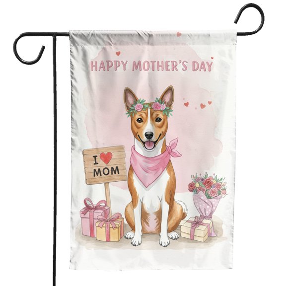 Happy Mother's Day Basenji Love Dog Mom Heart Flower Garden Flag 12x18in Double Sided African Barkless Dog Lover Outdoor Decor - 12004