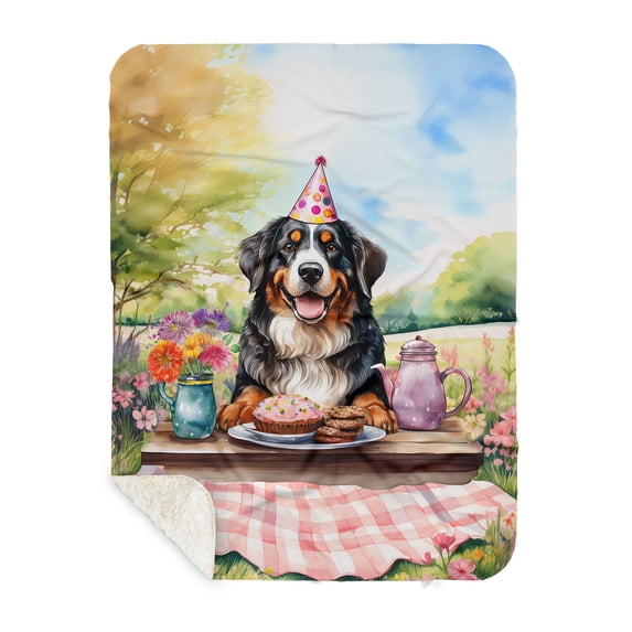 Happy Mother's Day Bernese Mountain Dog with Sweets and Flowers at a Picnic Cozy Sherpa Blanket Berner Lover Gifts Warm Soft Throw Blanket - 13005