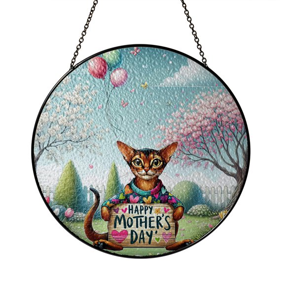 Happy Mother's Day Best Abyssinian Mom Ever Stained Glass Suncatcher Cat Lover Kitten Owner Gifts Window Hanging Sign Decor - 03002