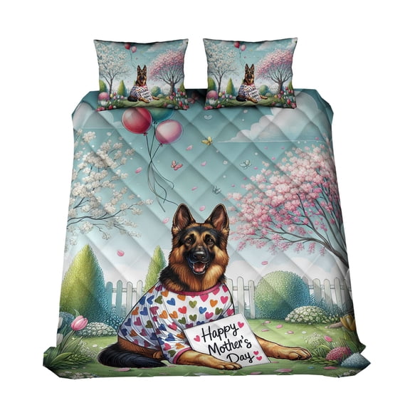 Happy Mother's Day Best German Shepherd Mom Ever Quilt Bedding Set Alsatian Dog Lover Gifts 1 Blanket Bed Cover 2 Pillowcases - 03002