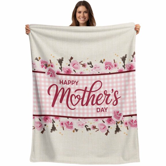 Happy Mother's Day Blanket Soft Cozy Warm Throw Blanket for Couch, Plush Fuzzy Flannel Fleece Blankets for Sofa, Pink Floral Buffalo Plaid Burlap Bed Blankets Lightweight Gifts for Women, 40"x50"
