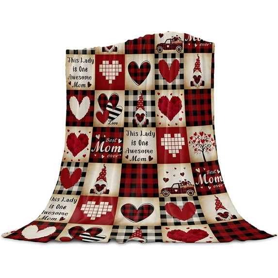 Happy Mother''s Day Blanket Super Soft Flannel Fleece Throw Blankets Love Heart Gnome Truck Black Plaid Blanket Lightweight Cozy Warm Fuzzy Plush Microfiber Blankets for Couch Bed Sofa 60X80inch