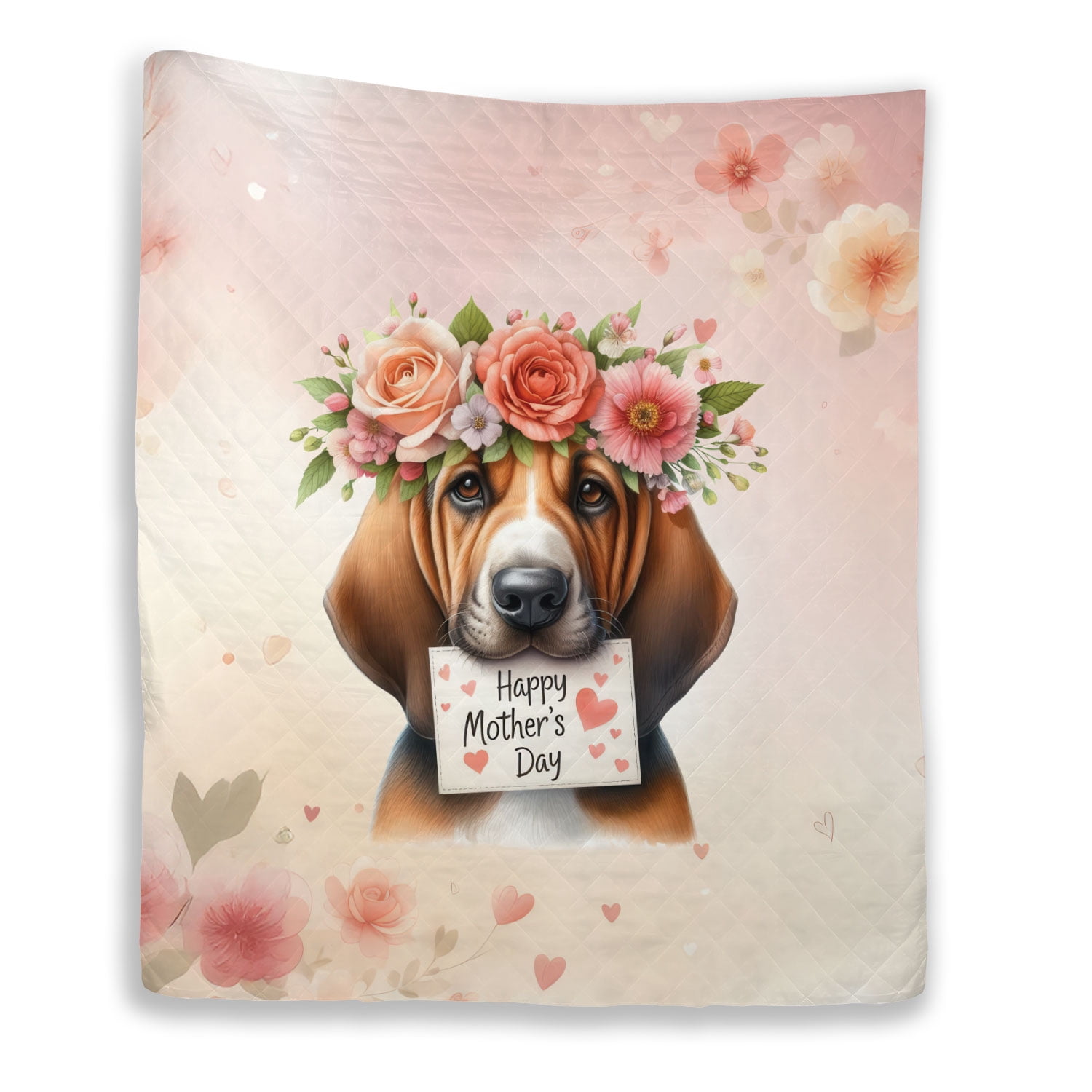 Happy Mother's Day Bloodhound with Flower Crown and Greeting Card Quilt Blanket Dog Lover Cozy Comforter Throw Blanket - 13004