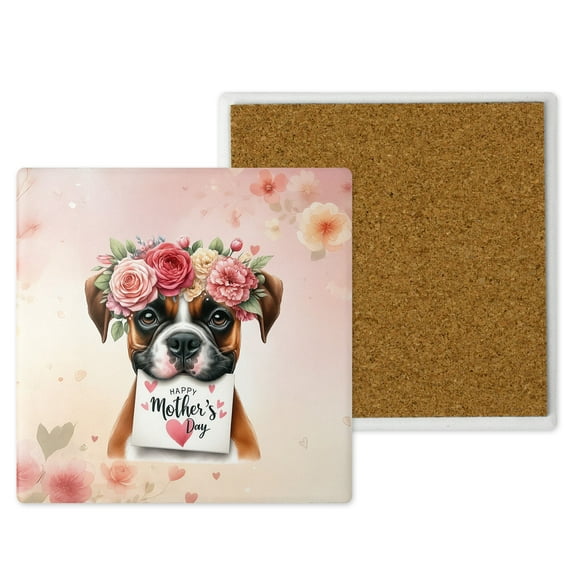 Happy Mother's Day Boxer with Flower Crown and Greeting Card Set of 4 Stone Coasters Boxers Dog Lover Gifts Idea 4x4in Absorbent Soapstone Coaster - 13004