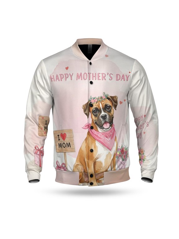 Happy Mother's Day Boxer Love Dog Mom Heart Flower All Over Print 3D Baseball Jacket Boxers Dog Lover Gifts Idea Bomber Jacket Softball - 12004