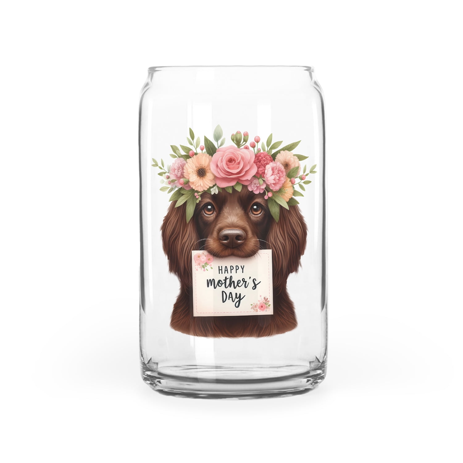 Happy Mother's Day Boykin Spaniel with Flower Crown and Greeting Card 16oz Glass Cup Mug Dog Lover Glass Can - 13004