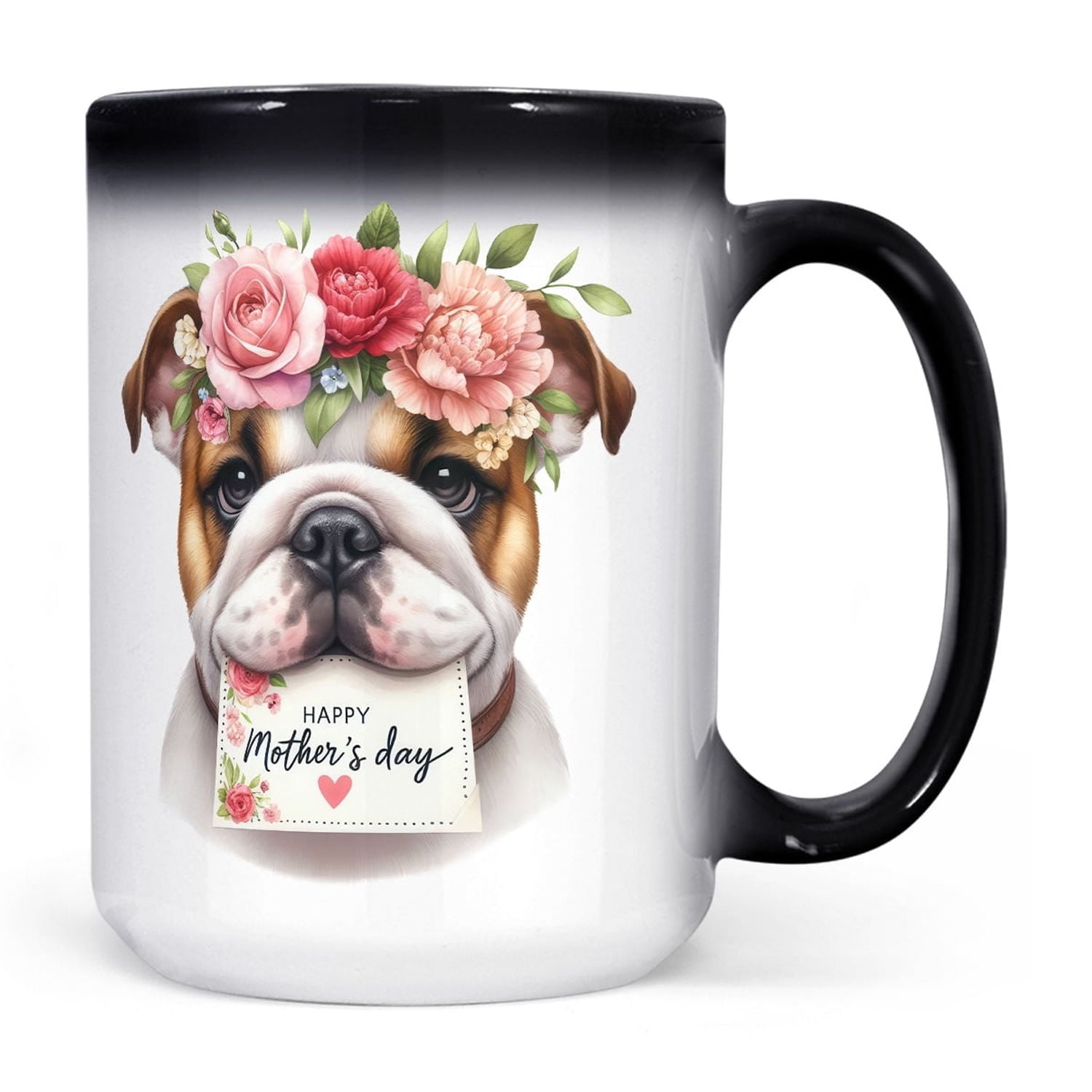 Happy Mother's Day Bulldog with Flower Crown and Greeting Card Heat Color Changing Mug Dog Lover Gifts Idea Magic Coffee Mug - 13004