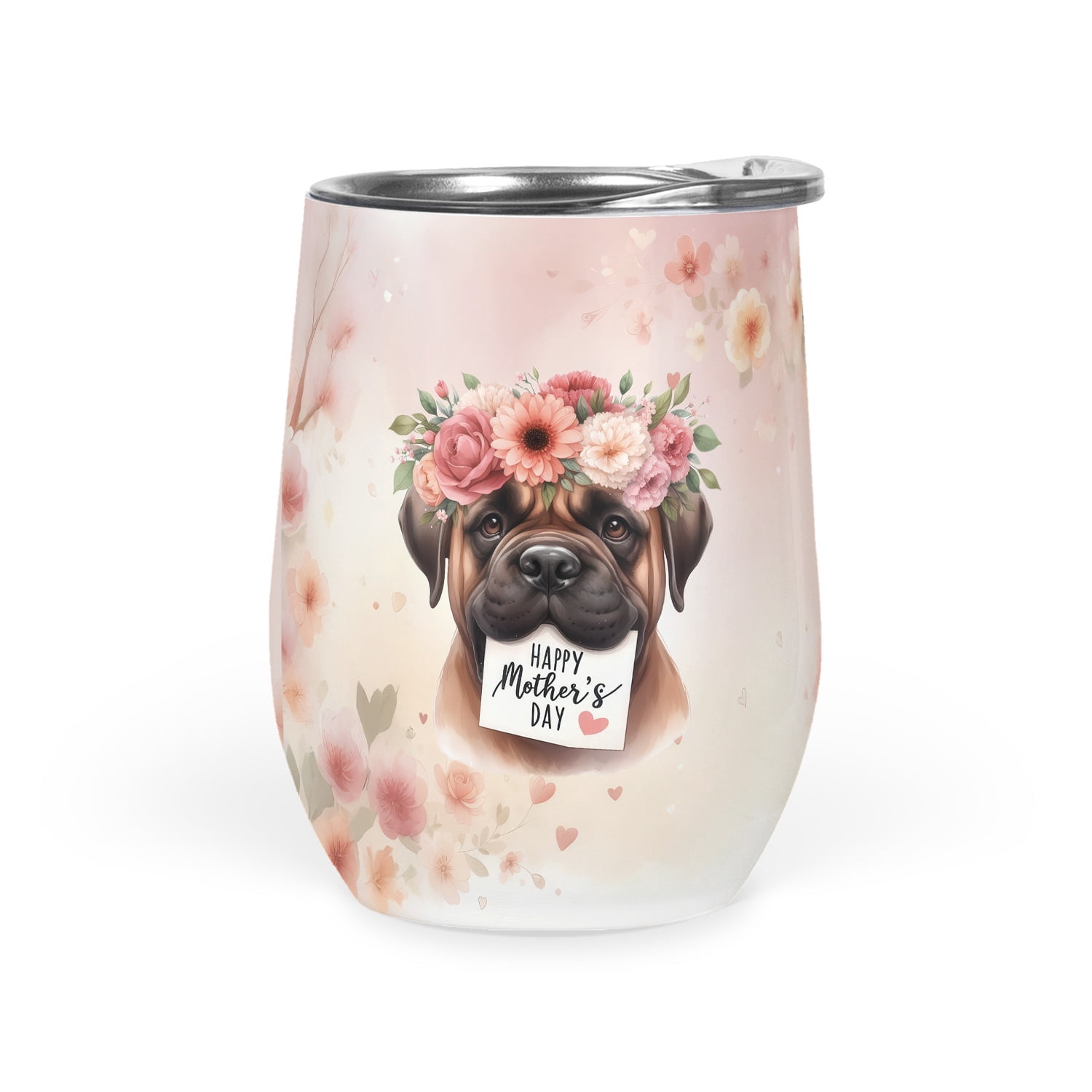 Happy Mother's Day Bullmastiff with Flower Crown and Greeting Card 12oz Stainless Steel Wine Tumbler Insulated Cup with Lid Dog Lover - 13004