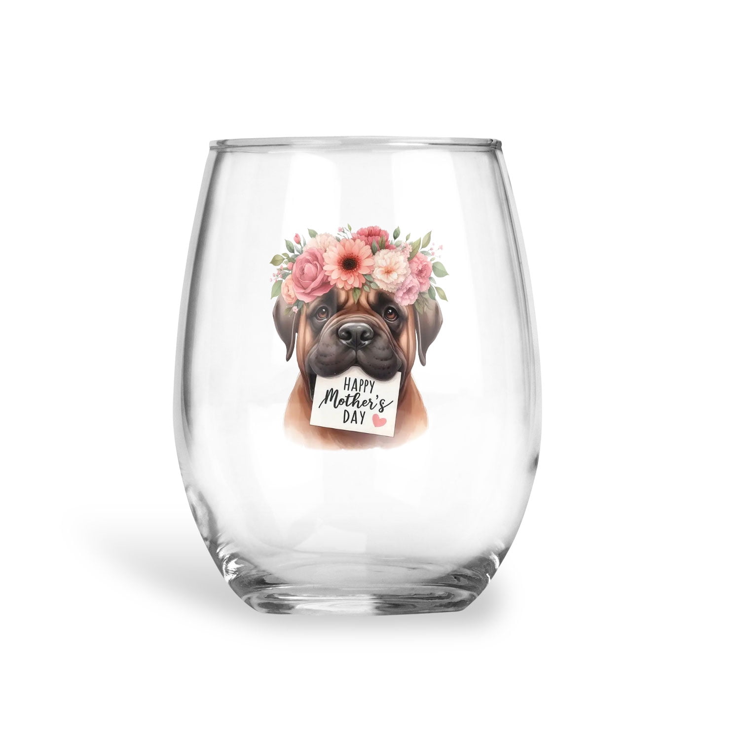 Happy Mother's Day Bullmastiff with Flower Crown and Greeting Card 15oz Stemless Wine Glass Mug Dog Lover Wine Glasses Cup - 13004