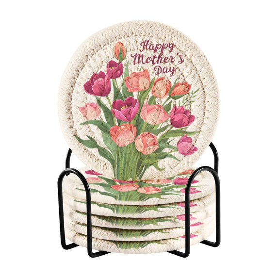 Happy Mother's Day Bunch Of Flowers 6 Pcs Drink Coasters with Holder Absorbent Coasters Woven Coasters for Drinks Table Desk Protection Home Decor