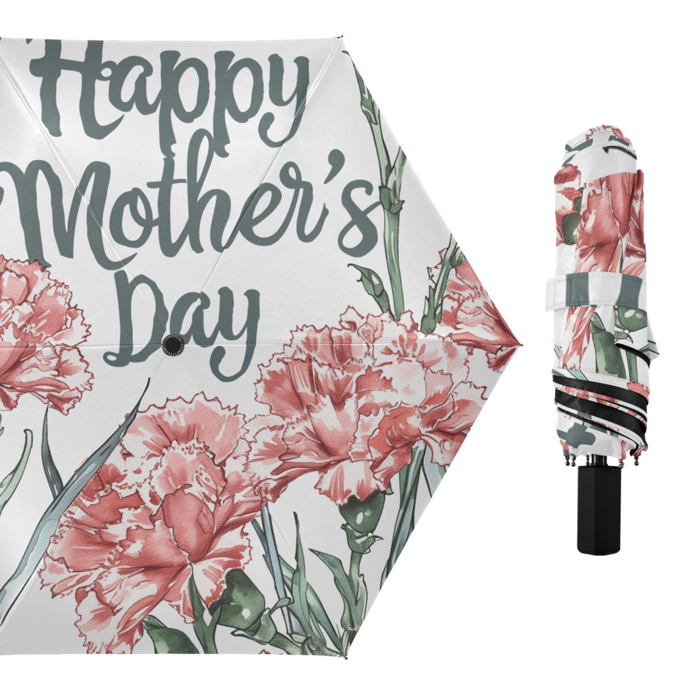 Happy Mother's Day Carnation Flowers Compact Sun Umbrella Windproof Travel Umbrellas for Rain Strong Portable UV Protection