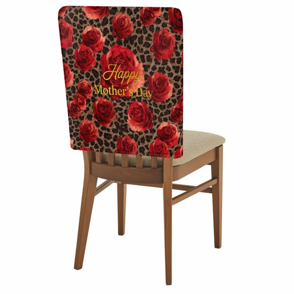 Happy Mother's Day Chair Covers Set of 1 Red Roses Romantic Flower Brown Leopard Chair Back Covers Stretch Removable Washable Slipcovers Protector for Dining Room Kitchen Party Decor