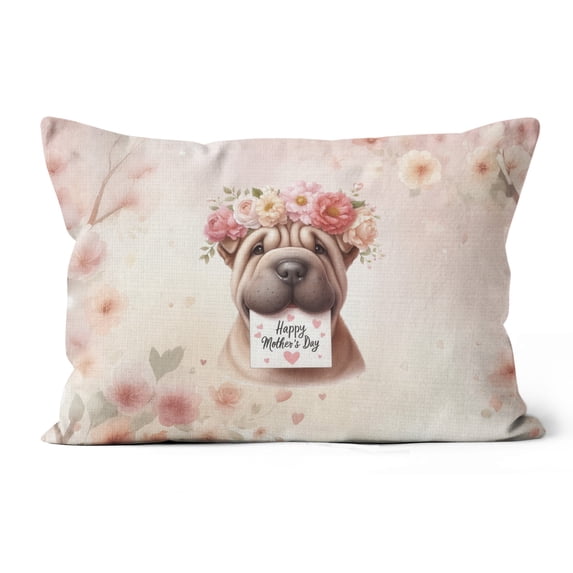 Happy Mother's Day Chinese Shar-Pei with Flower Crown and Greeting Card Pillow Cushion Double Sided Dog Lover Throw Pillow - 13004