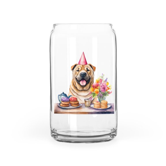 Happy Mother's Day Chinese Shar-Pei with Sweets and Flowers at a Picnic 16oz Glass Cup Mug Dog Lover Glass Can - 13005