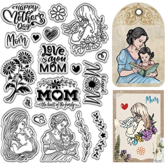 Happy Mother's Day Clear Rubber Stamps Love Mom Flowers Vintage Reusable Transparent Silicone Stamp Seals for Card Making Journaling Scrapbooking Photo Album Decorative DIY Christmas Gift colorful