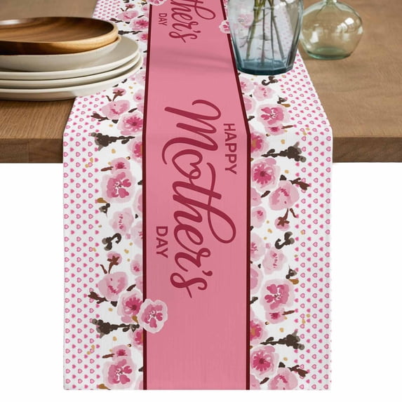 Happy Mother's Day Cotton Linen Table Runner for Dining Kitchen, Farmhouse Pink Floral Love Heart Wedding Outdoor Party Tablerunners Decoration, Dresser Scarf Coffee Tablecloth Runners 13x90 Inches